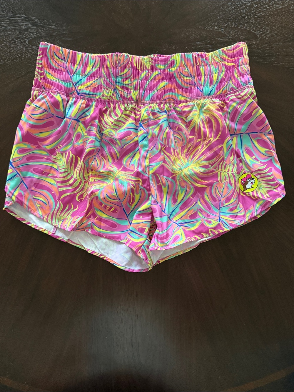 Women’s Pink Tropical-Print Athletic Shorts with Smocked Waist